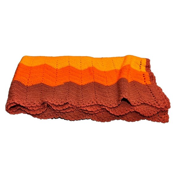 Homemade Crocheted Chevron Zig Zag Afghan Throw Blanket Retro Brown 59" x 55" - Picture 5 of 15